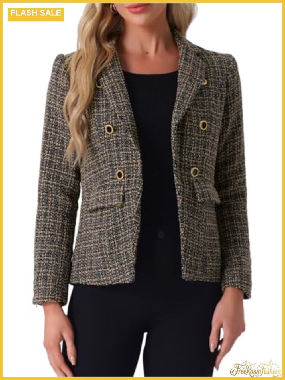 Women Plaid Tweed Blazer Long Sleeve Button Work Jacket